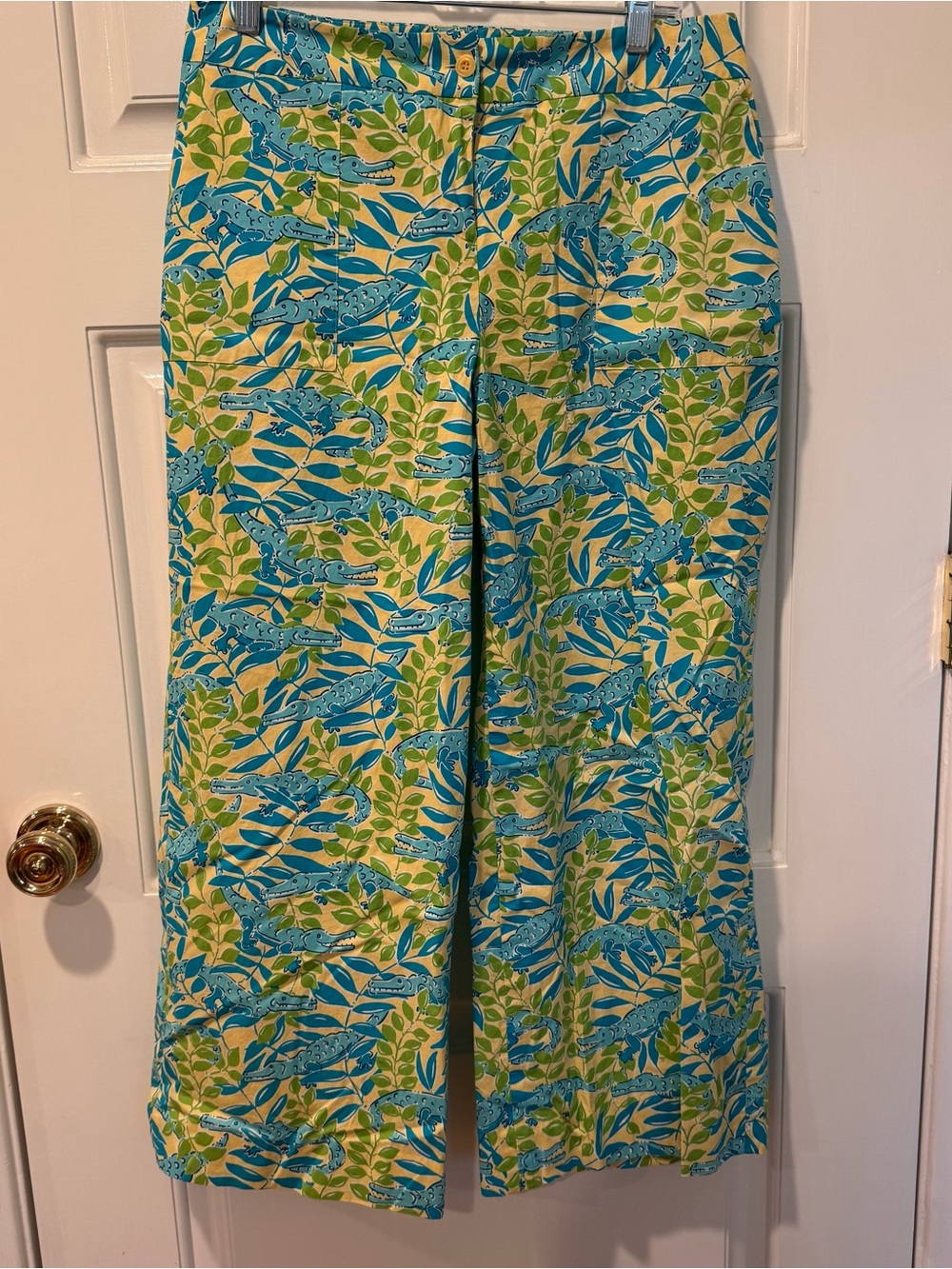 Lilly Pulitzer Yellow, Blue & Green Alligator Print pants.